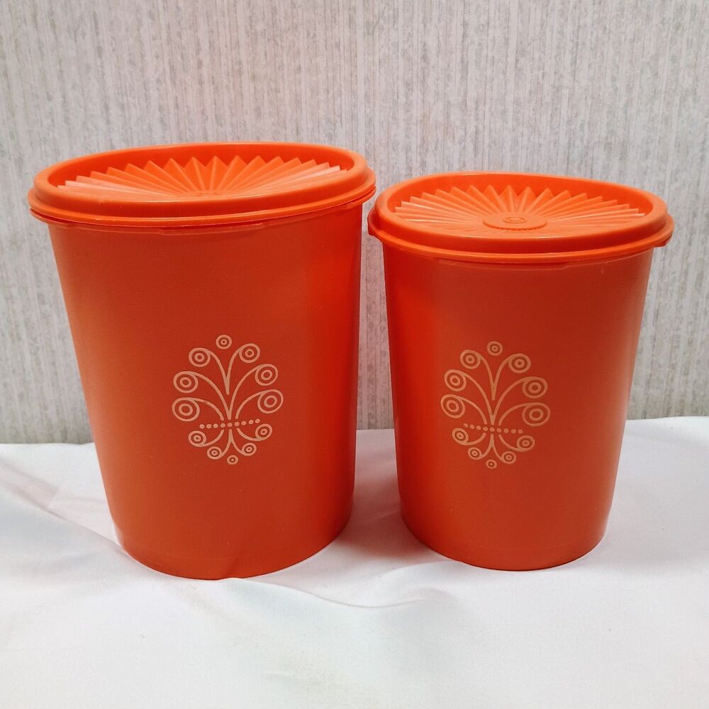 Vintage Tupperware Servalier Canisters 809 811 Orange Floral Sunburst Lids 2pc